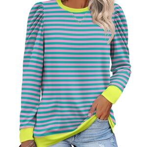 Zeagoo Pink and Blue Striped Tee with Green Neckline